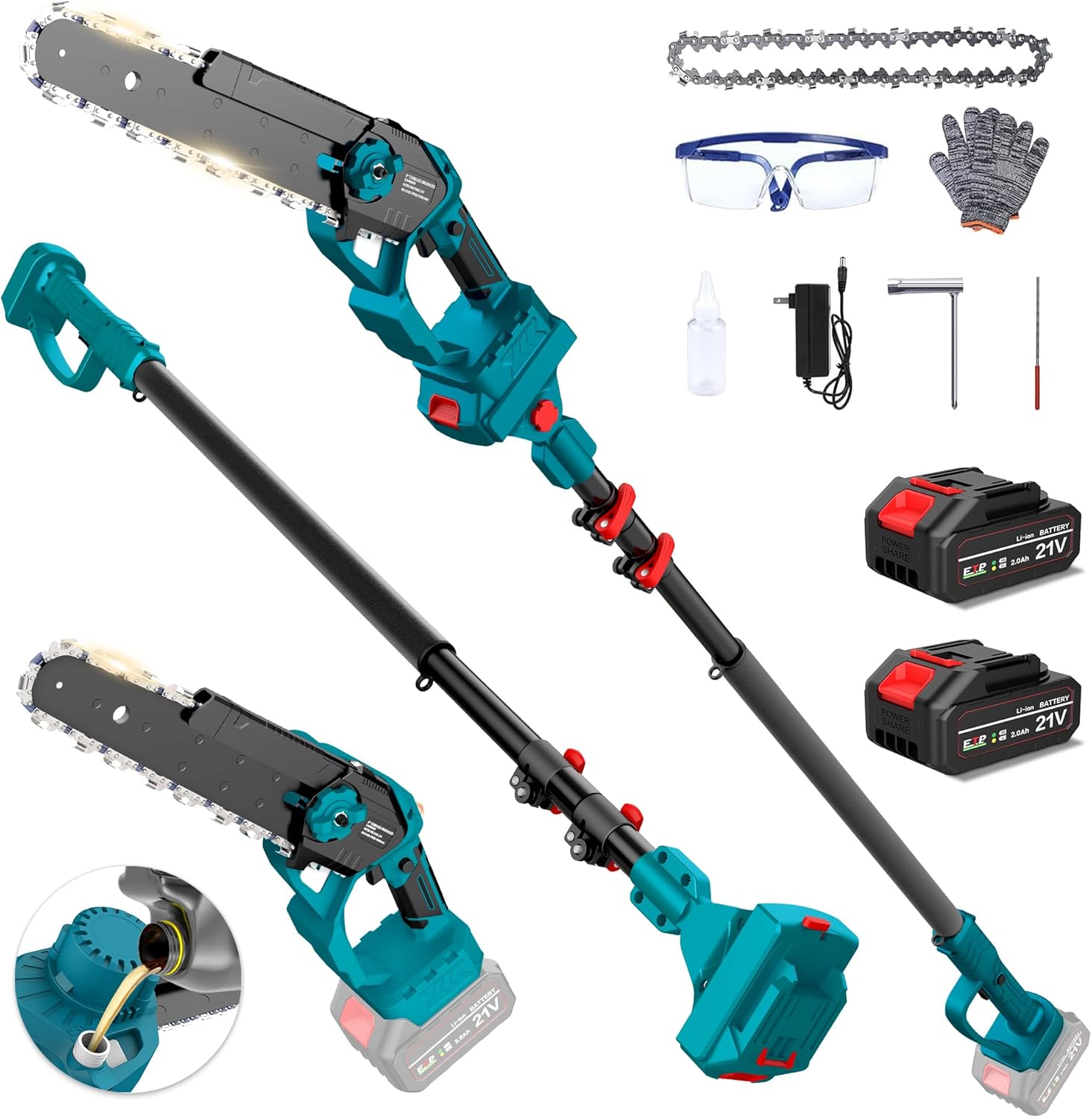2-in-1 Electric Pole Saw for Tree Trimming, 8 Inch Cordless Mini Chainsaw with Extension Pole, 21V 2.0Ah Battery Powered Pole Chain Saw, Auto Oiling, 13 FT Max Reach Extension Pole for Outdoor Pruning
