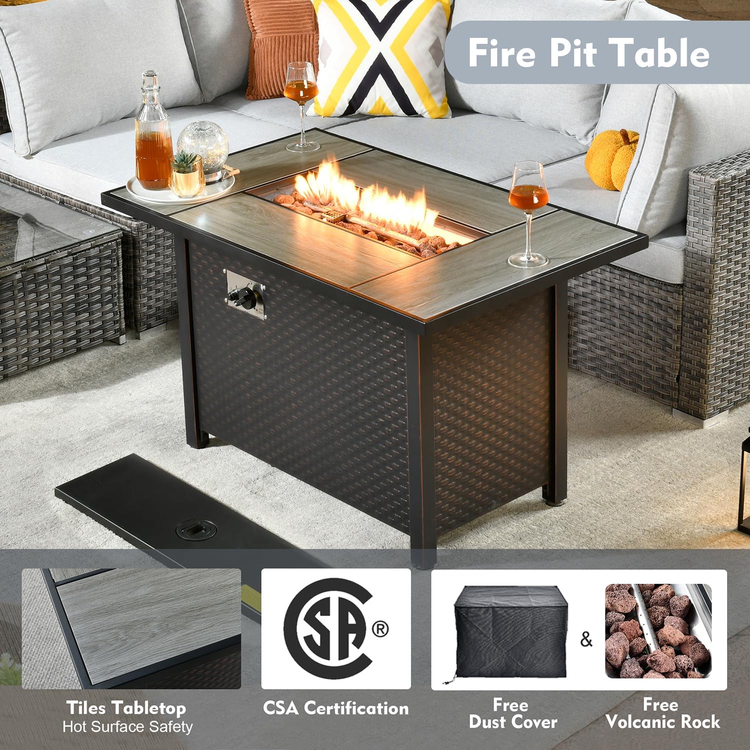 8 Pieces Outdoor Patio Furniture Sets,Rattan Conversation Sectional Set,Manual Weaving Wicker Patio Sofa with fire Pit