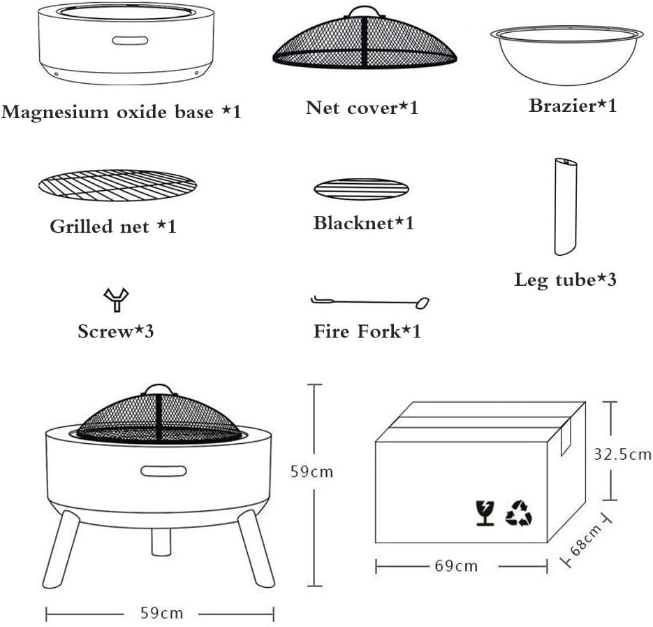 Geo Fire Pit Bowl, Fire Pit with BBQ Grill Shelf Triangle Bracket Magnesium Oxide Material Outdoor Garden Fire Pit with Mesh Cover,White