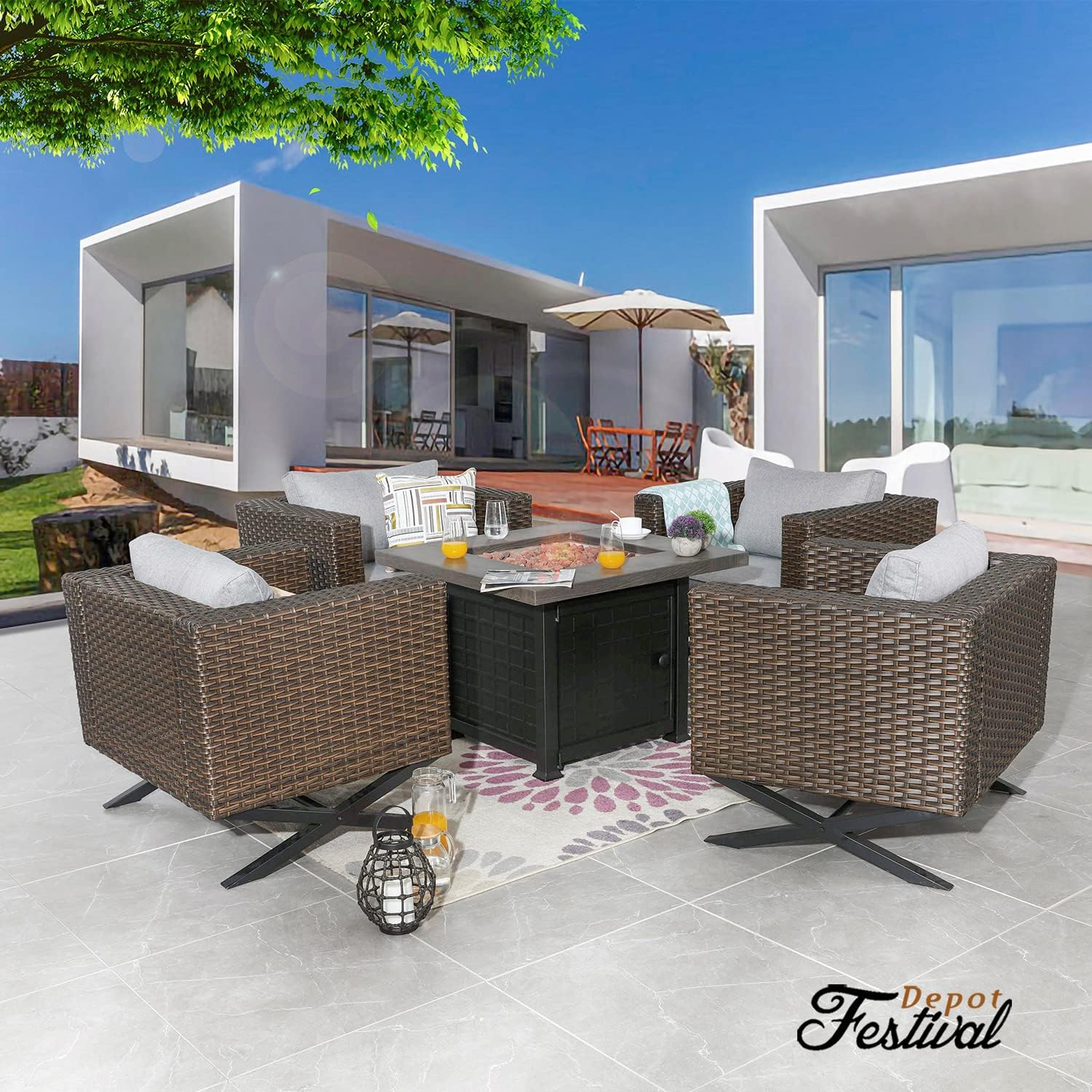 Sports Festival Fire Pit Table Set of Propane Fire Table and 4 Wicker Chairs with Thick Cushions for Patio Rattan Outdoor Furniture, CSA Certification