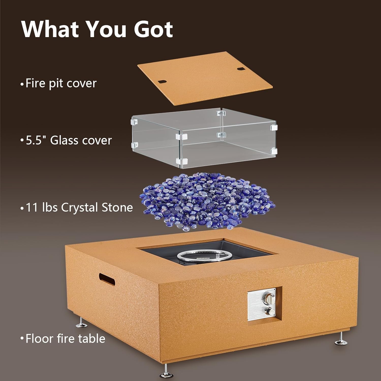 36 in Outdoor Fire Pit Table，50000BTU Rectangle Propane Fire Pit with Glass Wind Guard, Lid, Rocks and Rain Cover, CSA Certified Outdoor Propane Gas Fireplace for Deck or Patio