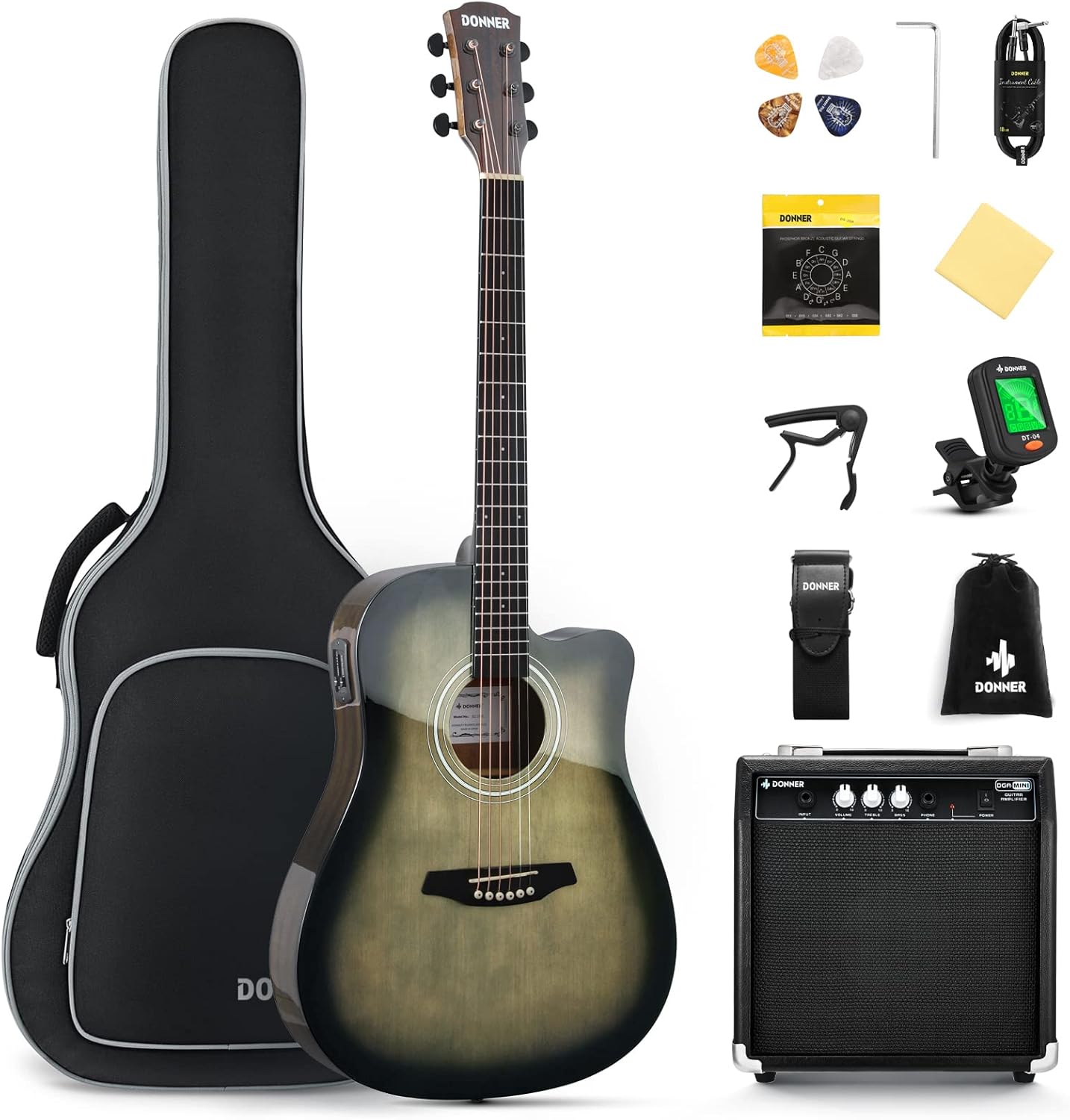 Donner Acoustic Electric Guitar Full Size Kit for Beginner Intermediate with Amplifier Capo Pick Tuner Strings Strap - 41 Inch
