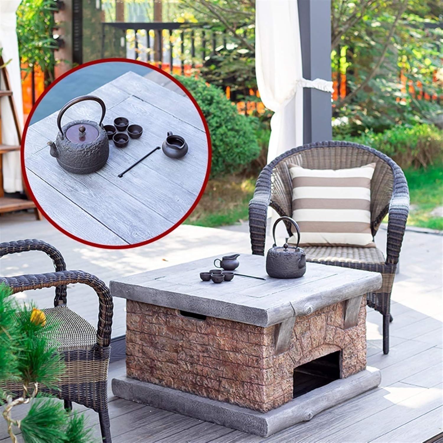 Outdoor Fire Pit Imitation Stone Outdoor Firewood Brazier, Fire Pit with Spark Screen, Waterproof Cover, Poker, Square Fire Pit in Backyard Garden of Terrace