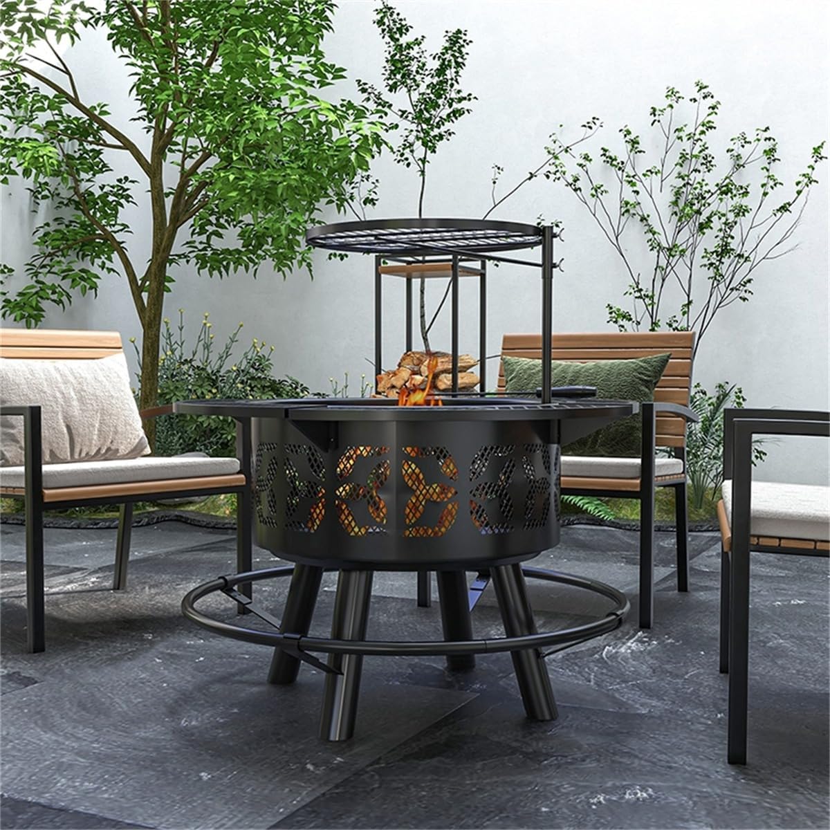 42 Inch 3-in-1 Fire Pit with 2 Grills, Extra Large Wood Burning Fire Pit with Adjustable BBQ Grill Grate & Mesh Lid, Outdoor Fireplace & Dining Table for Patio, Garden, Backyard