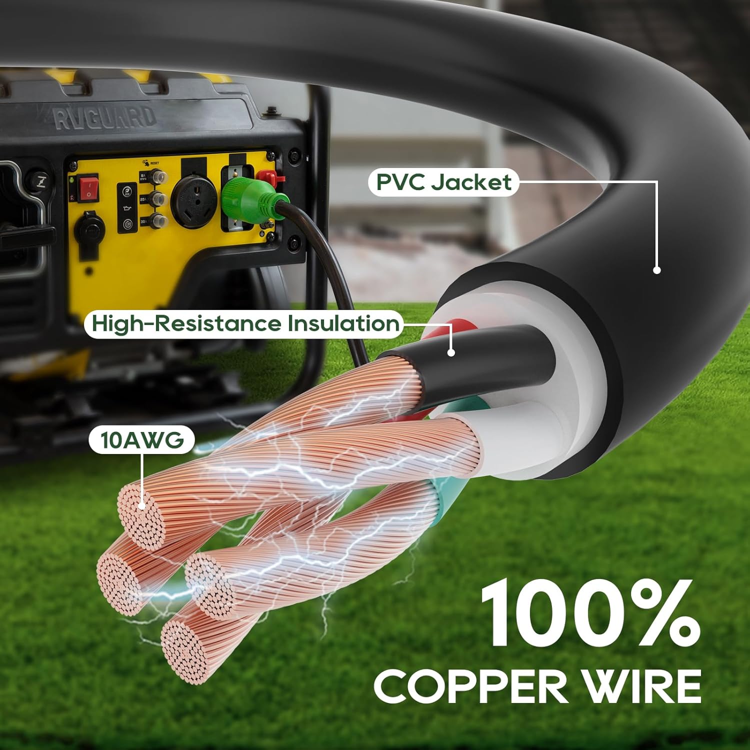 RVGUARD 4 Prong 30 Amp 40 Foot Generator Extension Cord, NEMA L14-30P/L14-30R, 125/250V Up to 7500W 10 Gauge SJTW Cord with Organizer, ETL Listed