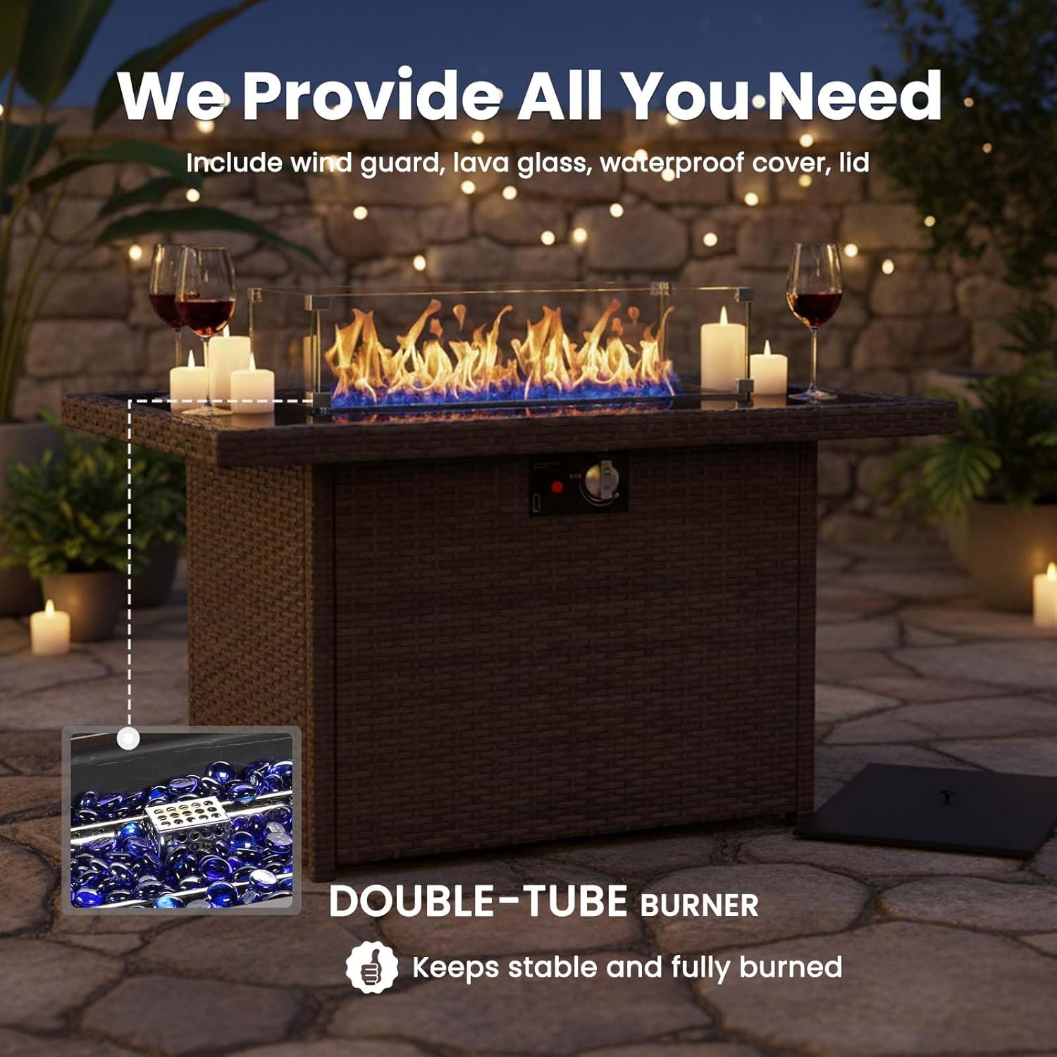 10 Pieces Patio Furniture Sets with Fire Pit Table, Wicker Rattan High Back Outdoor Swivel Rocking Chairs Set with 3-Seat Couch, Ottomans and Side Table