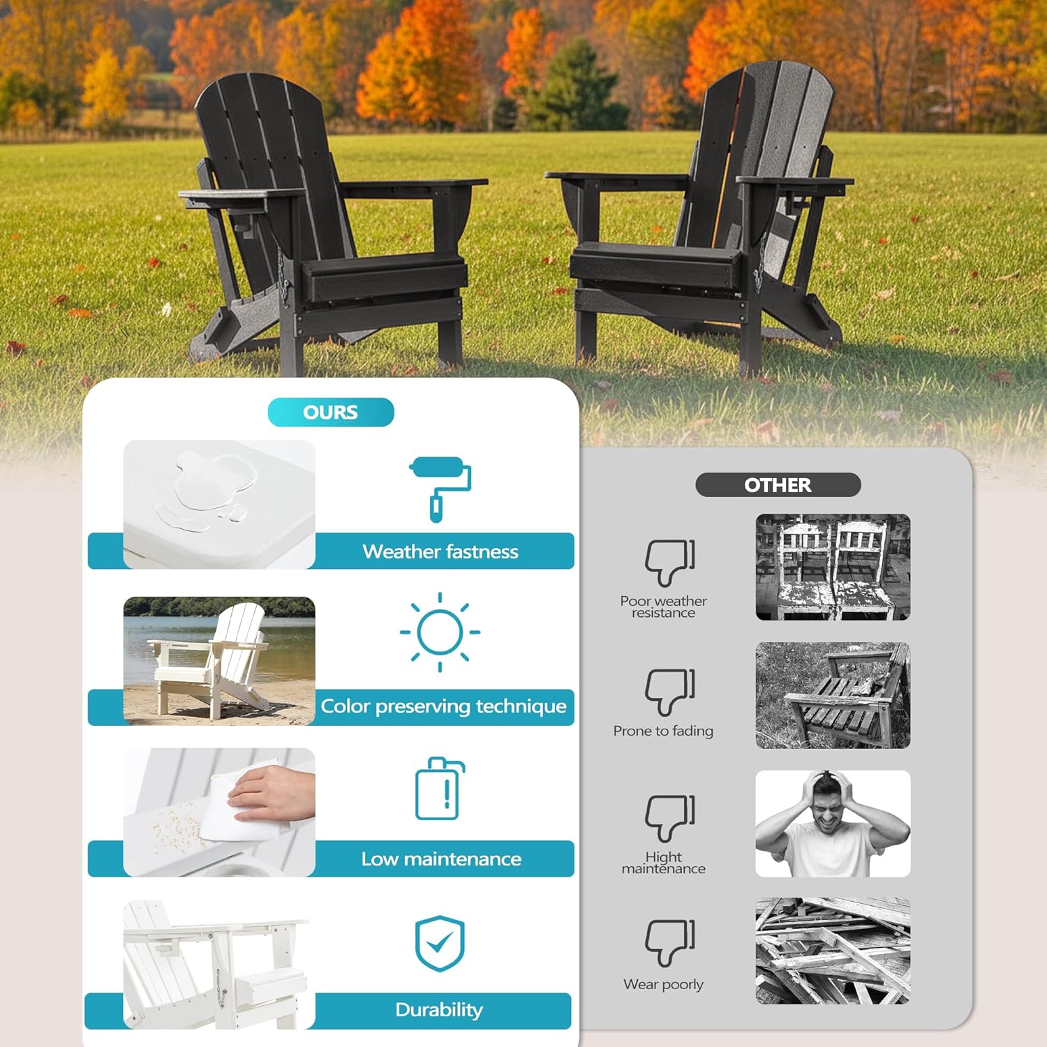 Folding Outdoor Adirondack Chairs Set of 4 with HDPE Side Tables-Plastic Weather Resistant Patio Chairs with Small Outdoor Side Tables 2 Storage for Patio,Fire Pit, Garden and Backyard