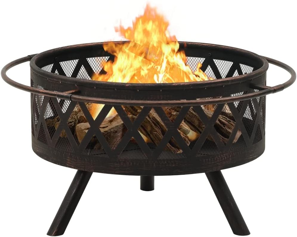Outdoor Fire Pit Bowl Outdoor Wood Burning Grill, Rustic Fire Pit with Poker 29.9