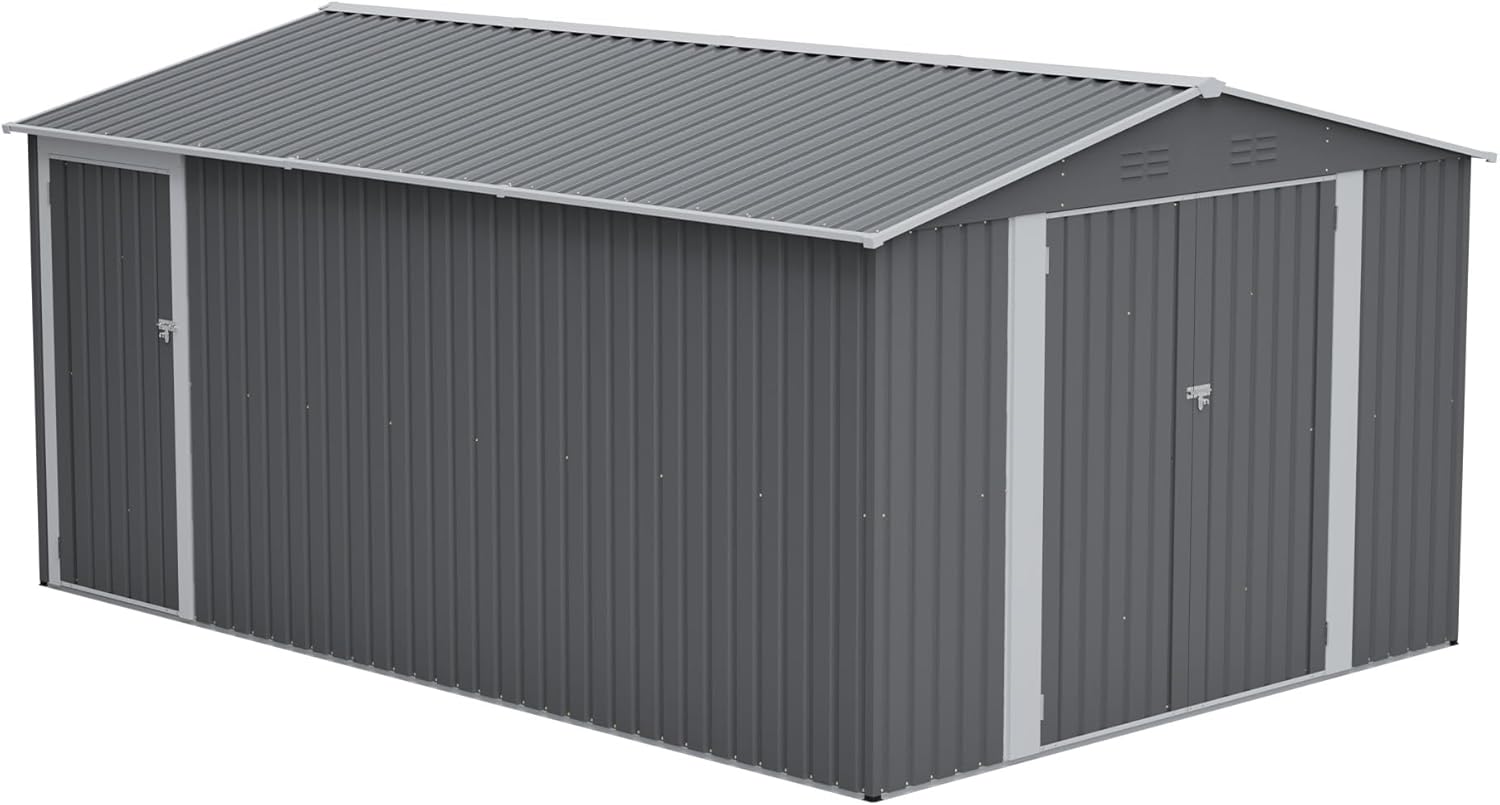 10x14 FT Outdoor Metal Storage Shed – Large Garden Shed with 3 Lockable Doors & Side Door, Waterproof Yard Building with 4 Air Vents for Backyard, Patio, Light Gray