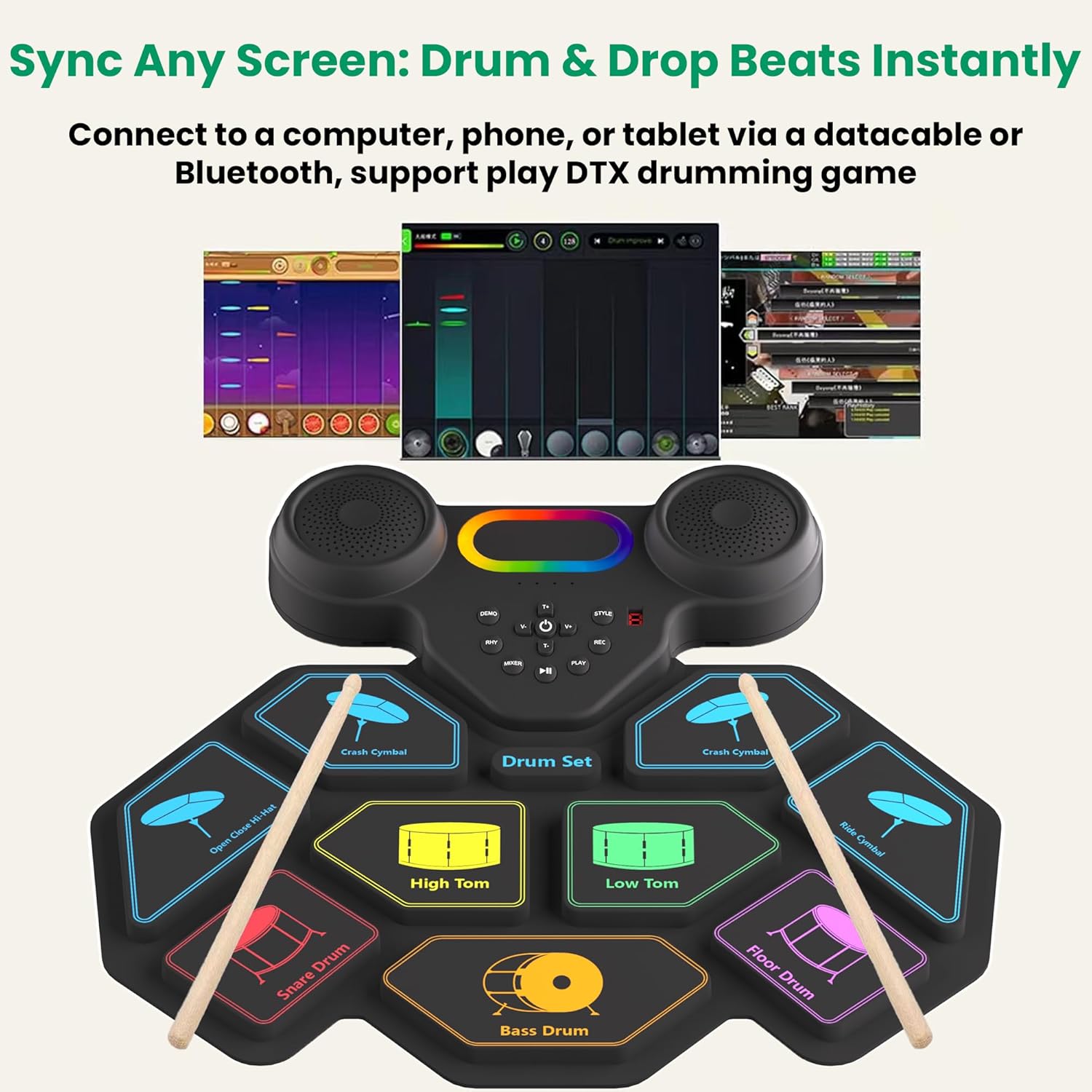 Electronic Drum Set, 9 Pads Roll Up Drum Kit, Built-in 2 Foot Pedals, Drumsticks, Headphone Jack, MIDI Support, Graphic