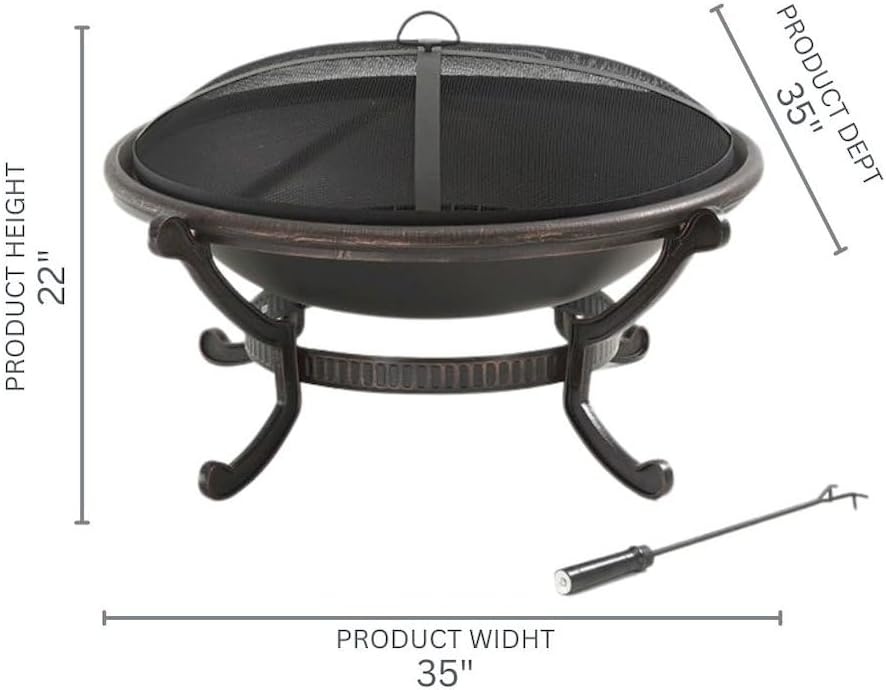 Wood Burning Fire Pit for Outside – Large Outdoor Firepit with Mesh Spark Screen Cover & Fire Poker – Powder-Coated Steel, Black