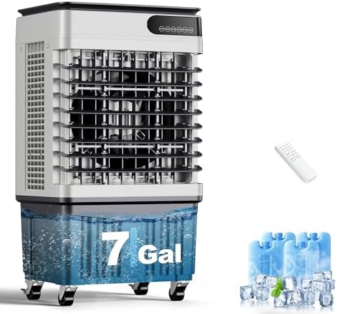 AKIRES 2300CFM Swamp Cooler,Evaporative Air Cooler with 7-Gal Water Tank,4 Ice Packs,Evaporative Cooler for Outdoor Patio Garage Commercial Industrial Use (34IN)