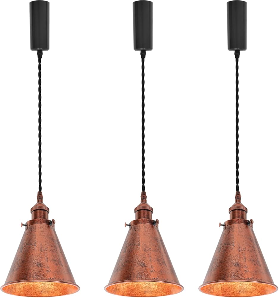 3Pcs Adjusted Corded H-Type Cone Shade Rusty Color Track Light 3.2 Feet E26 Base Vintage Design for Kitchen Sink Living Room Loft(No Bulb,Track)