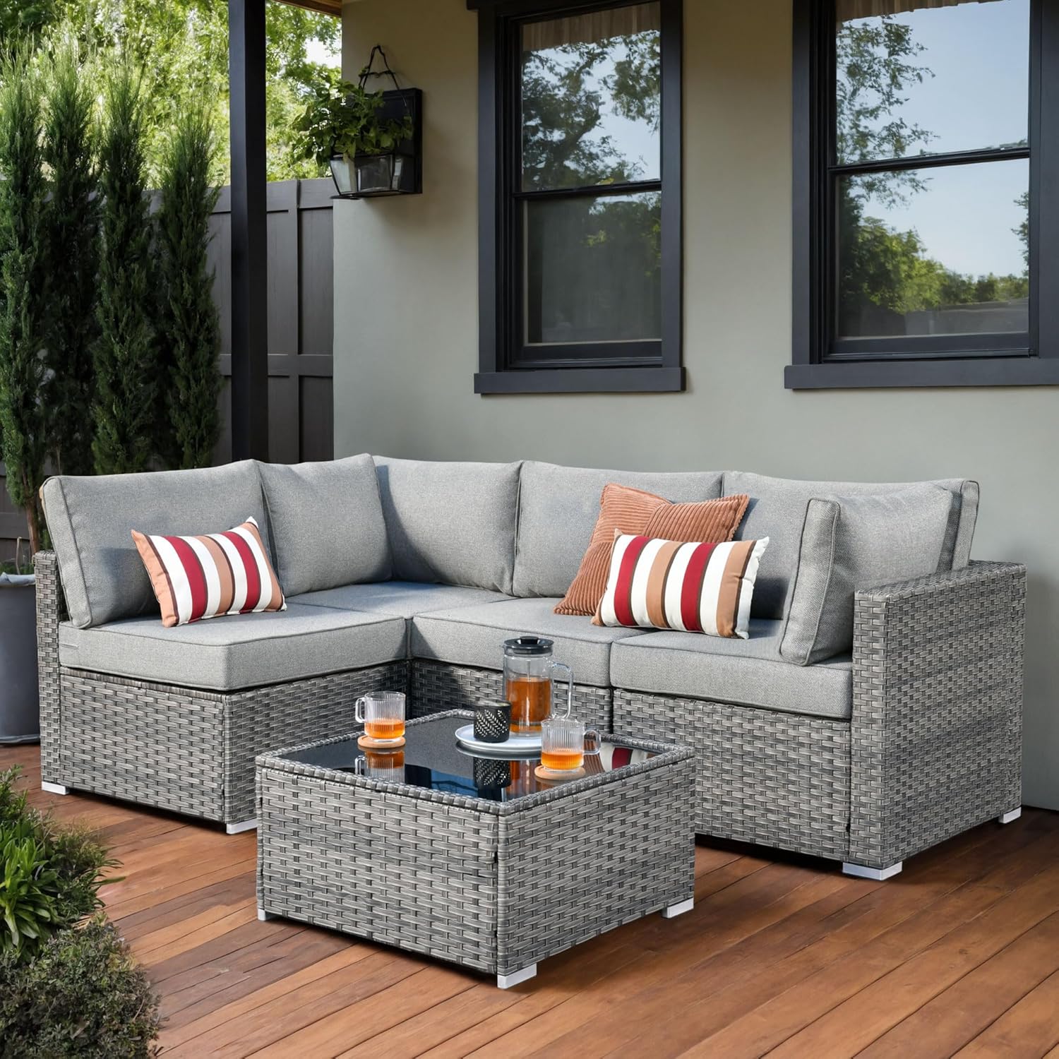 5 Pieces Patio Coversation Set, Outdoor Furniture Modular Couch with Coffee Table, Rattan Wicker Sectional Sofa for Porch Balcony Backyard, Dark Grey