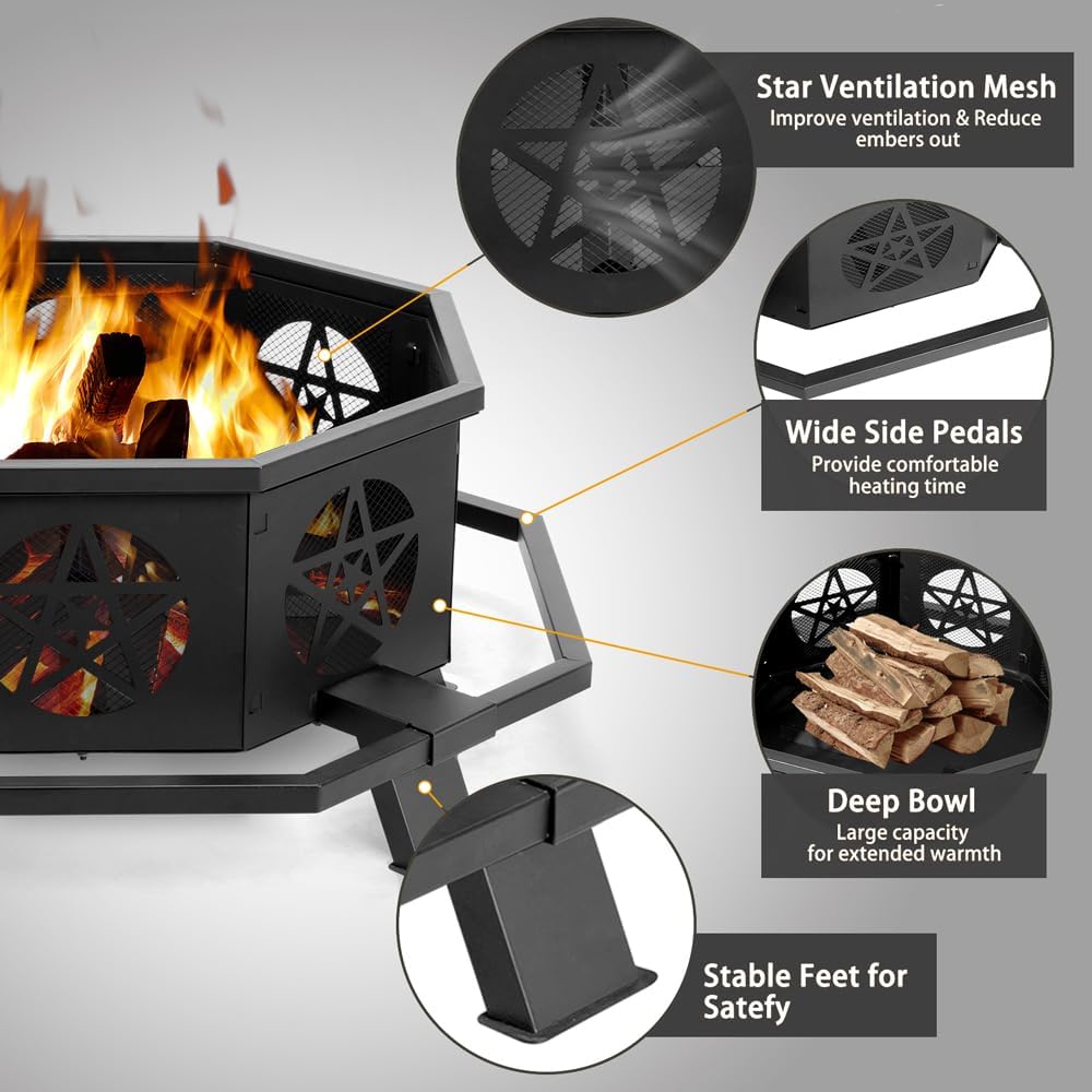 43 inch Fire Pit, Outdoor Octagonal Firepit, Heavy Duty Wood Burning Fire Pits with Star Ventilation Mesh, Outdoor Heating and Grilling, for Bonfire, Backyard, Camping, Patio, Picnic (Black, 43in)