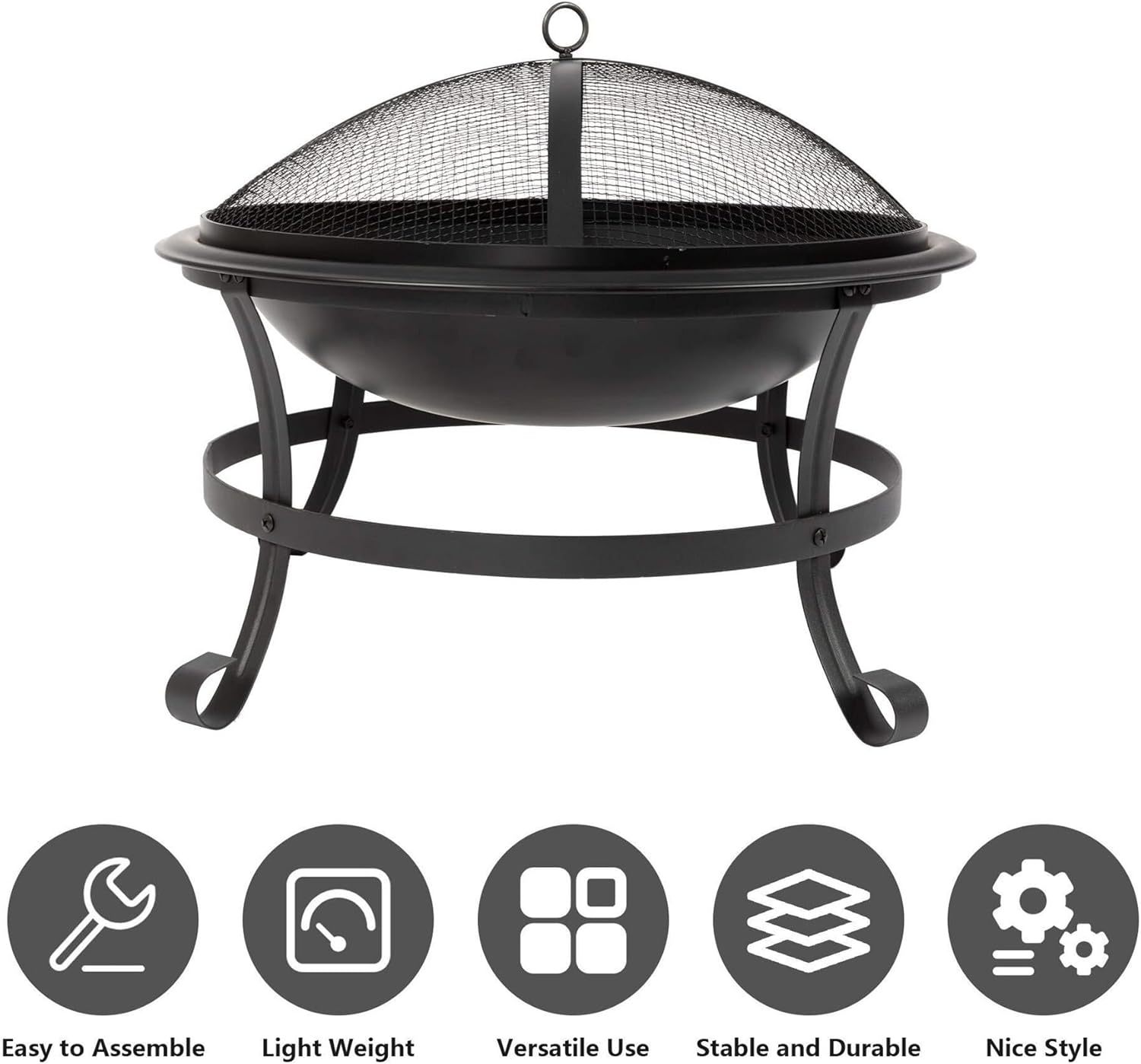 22 Inch Portable Folding Steel Fire Pit Bowl with Spark Screen Cover Log Grate and Poker for Wood Burning Outdoor Use in Backyard Camping Picnic Garden