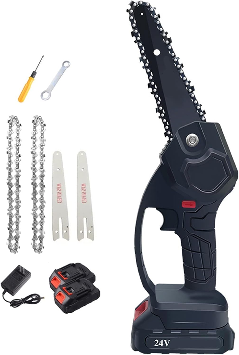 Portable Handheld Mini Chainsaw 6-Inch with Security Lock,Power Chain saws with 24V 2 Batteries Powered Kit and 2Pcs Chains,for Tree Trimming Branch Wood Cutting (Battery *1 : 2 Batteries)