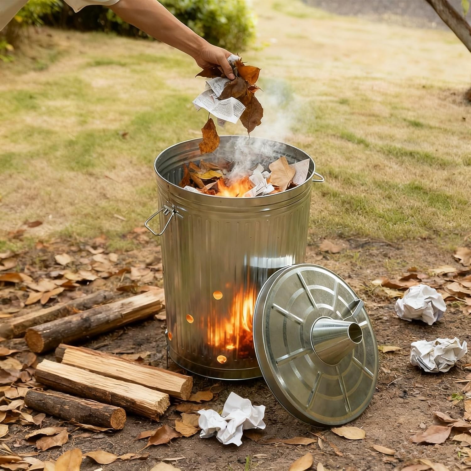 Galvanized Trash Can, Burn Barrel, Burn Pits for Backyard, Fire Pit, for Paper Leaf Paper Trash Wood Backyard Bonfire(White)