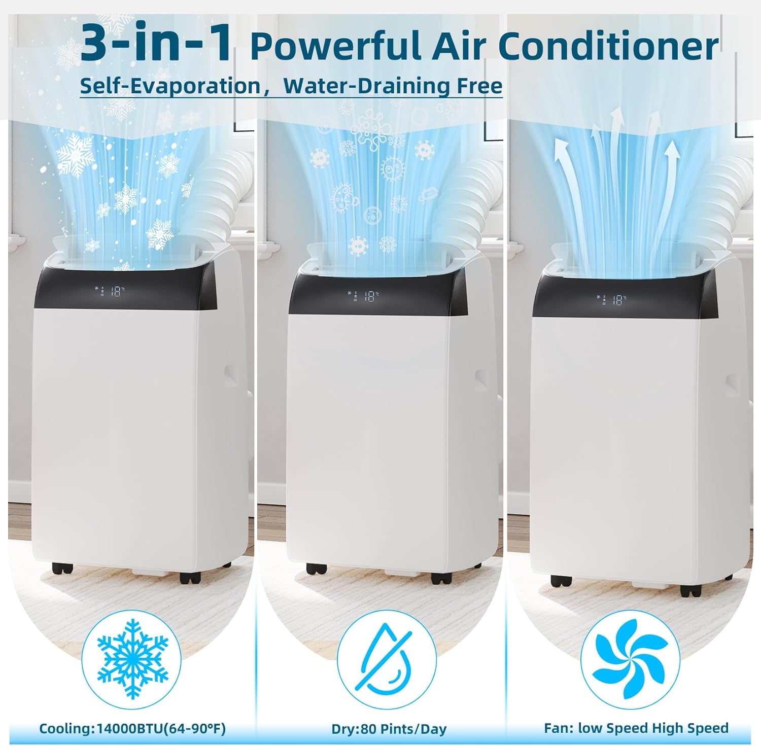 14,000 Btu Air Conditioners Cooling Up to 750 Sq.Ft, 3-In-1 Portable Air Conditioner with Cooling, Dehumidification & Fan Modes Remote Control, Timer, Ultra-Quiet Operation for Home, Office