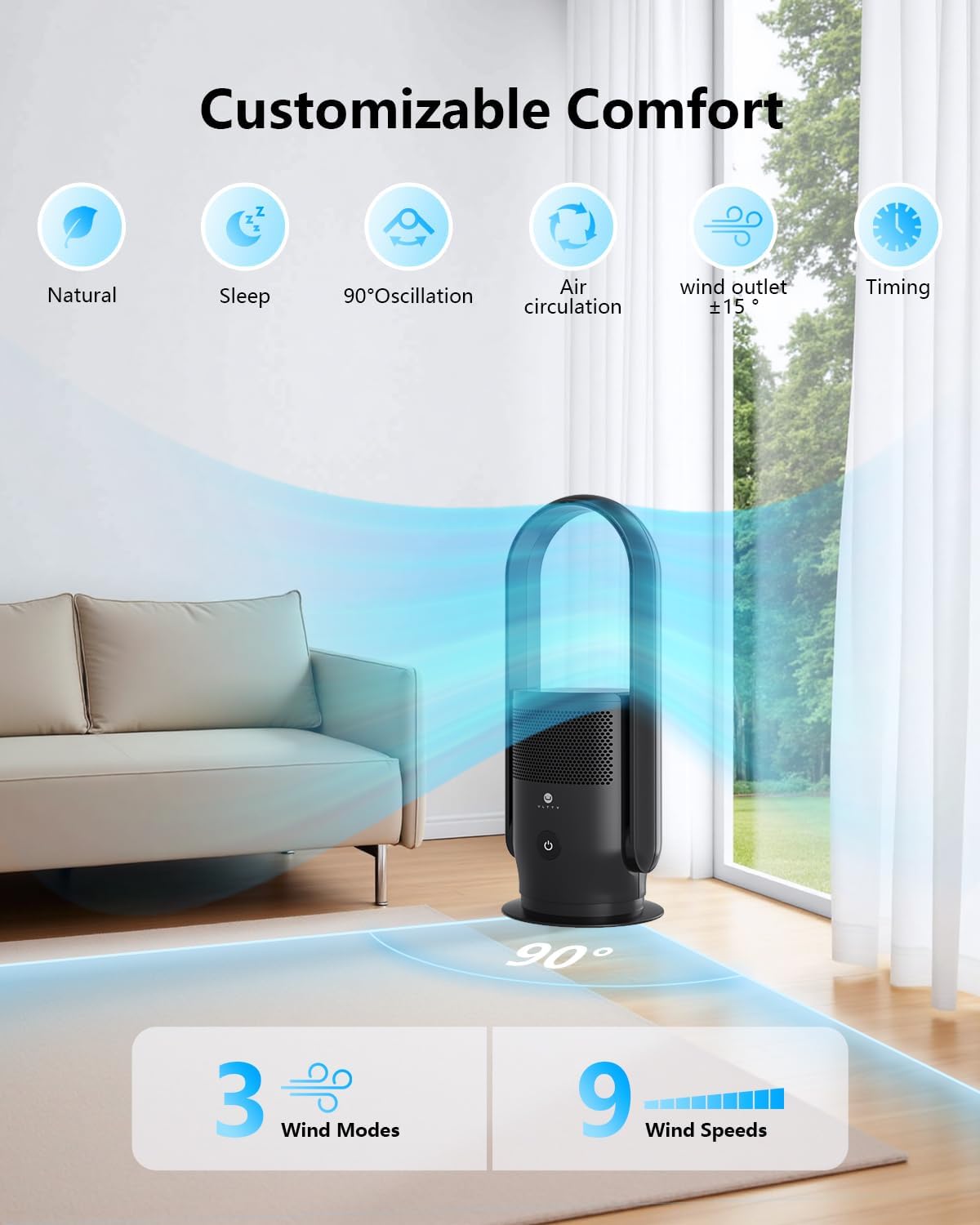 ULTTY Bladeless Tower Fan and Air Purifier in one, 90° Oscillating Bladeless Fan with Remote, Touch, 8H Timer, Floor Fans for Bedroom Whole Room Home Office R021, Black