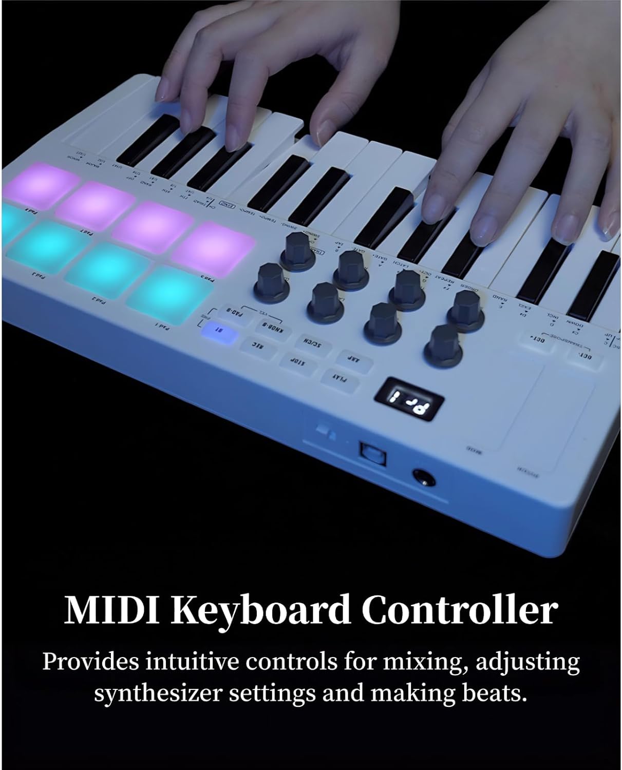 MIDI Keyboard Controller, 25 Key Portable Bluetooth MIDI Controller with 8 Backlit Drum Pads 8 Knobs, Mini Beat Maker for Music Production for Beginners Music making