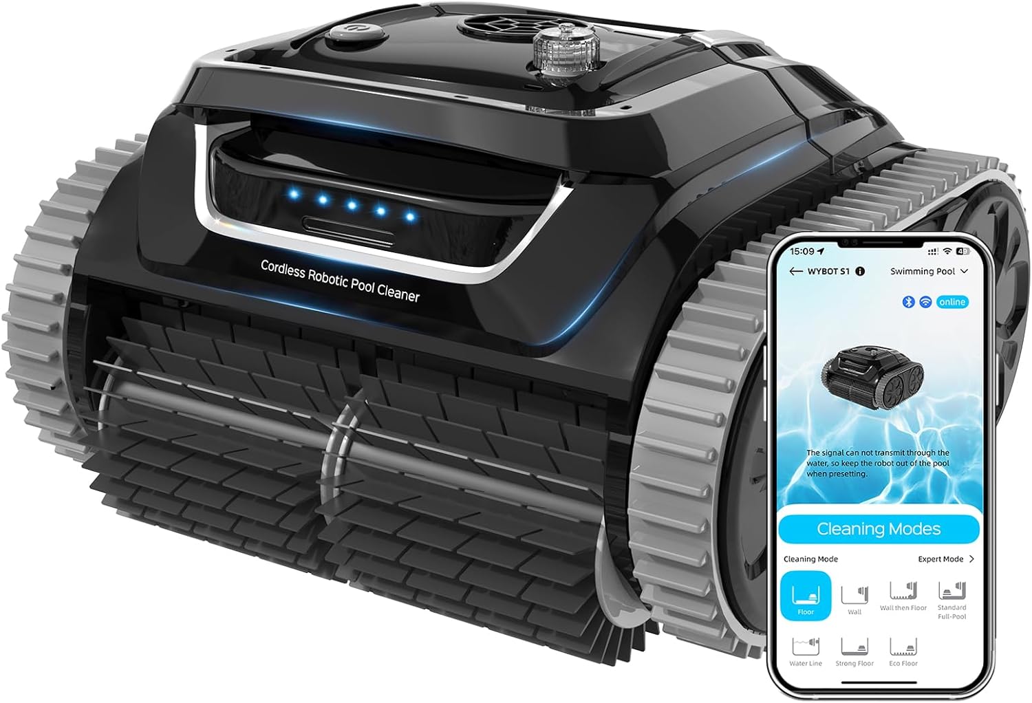 WYBOT S1SE Cordless Robotic Pool Cleaner, Pool Vacuum with APP Mode, Wall Climbing, Waterline Scrubbing, 7 Cleaning Modes, 150Mins Runtime, 2.5H Fast Charging, Ideal for Inground Pools