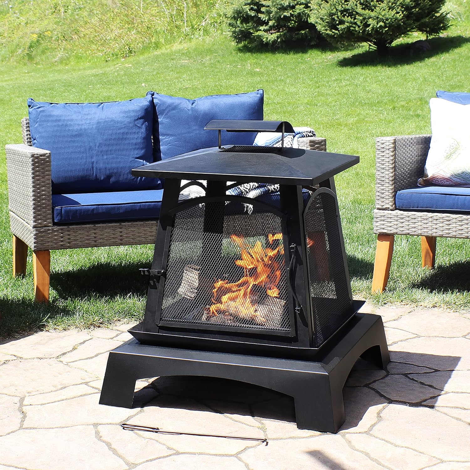 Sunnydaze 32-Inch Pagoda-Style Steel Wood-Burning Fire Pit with Log Grate and Poker - Black High-Temperature Paint Finish