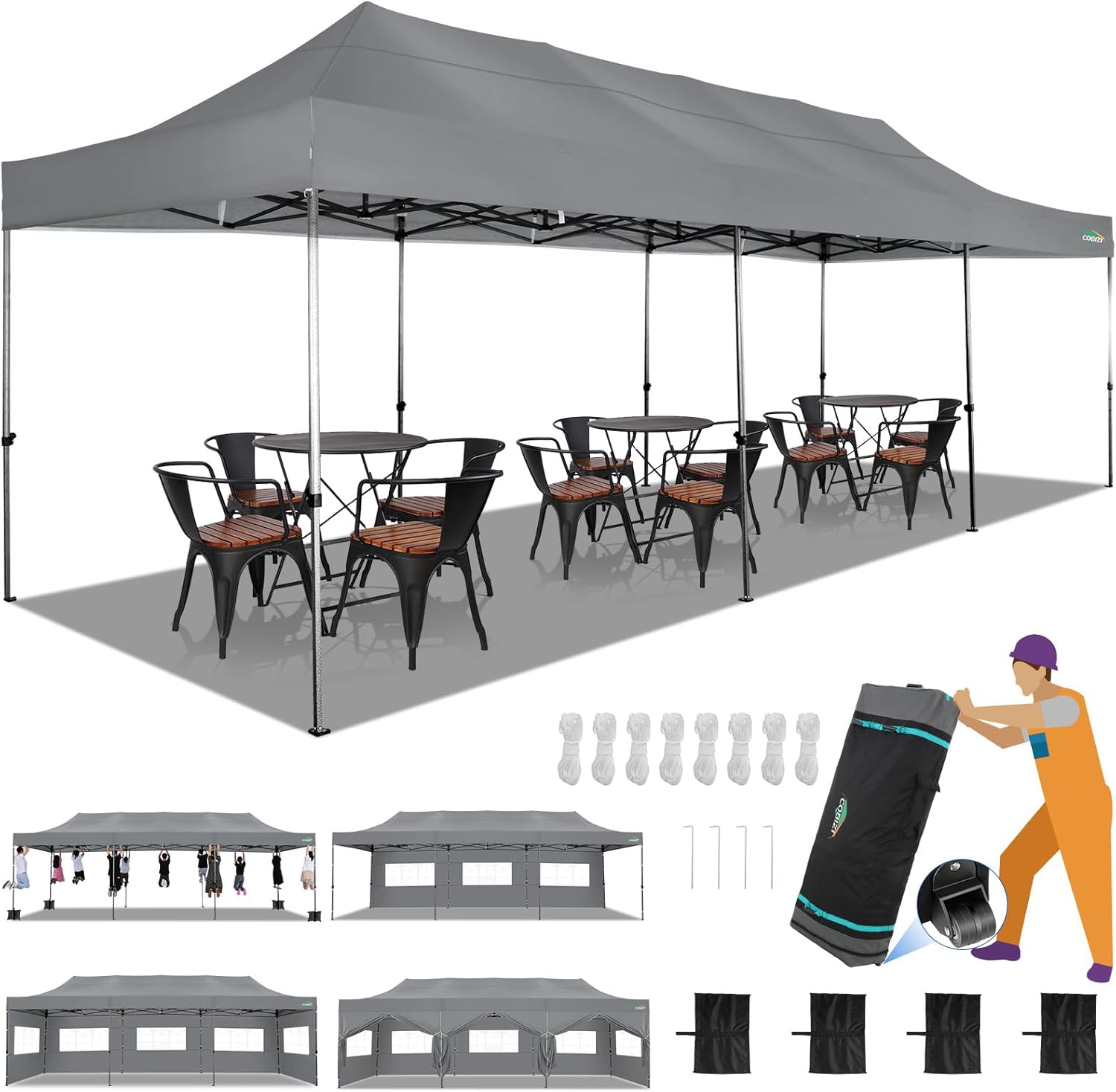 COBIZI 10x30 Heavy Duty Pop up Canopy with 8 sidewalls Party Tent for Parties Weddings Events UPF 50+ Waterproof Commercial Gazebo with Roller Bag, Gray