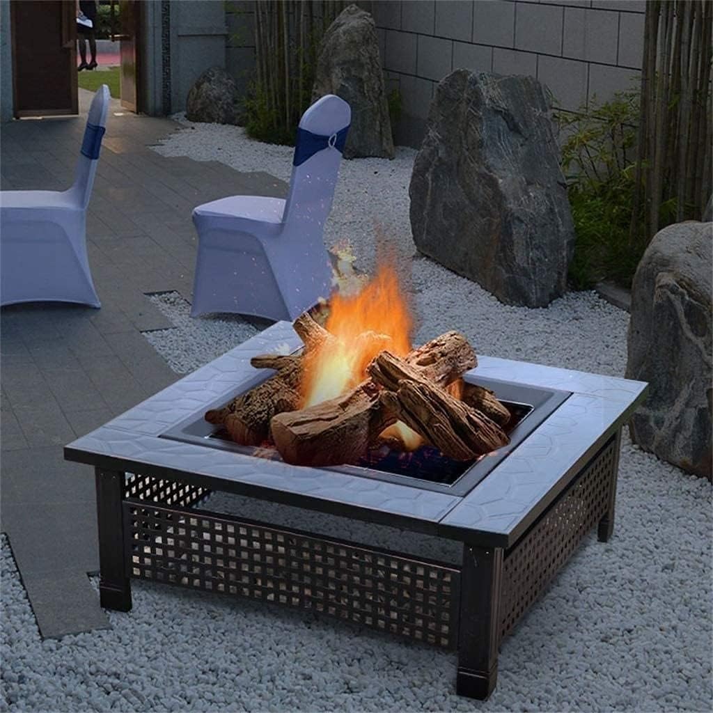 BBQ Grill Outdoor Fire Pits Outdoor Wood Burning 32in Outdoor Fire Pit Metal Square Firepit Wood Burning Backyard Patio Garden Beaches Camping Picnic Bonfire Stove with Cover BBQ Cookin
