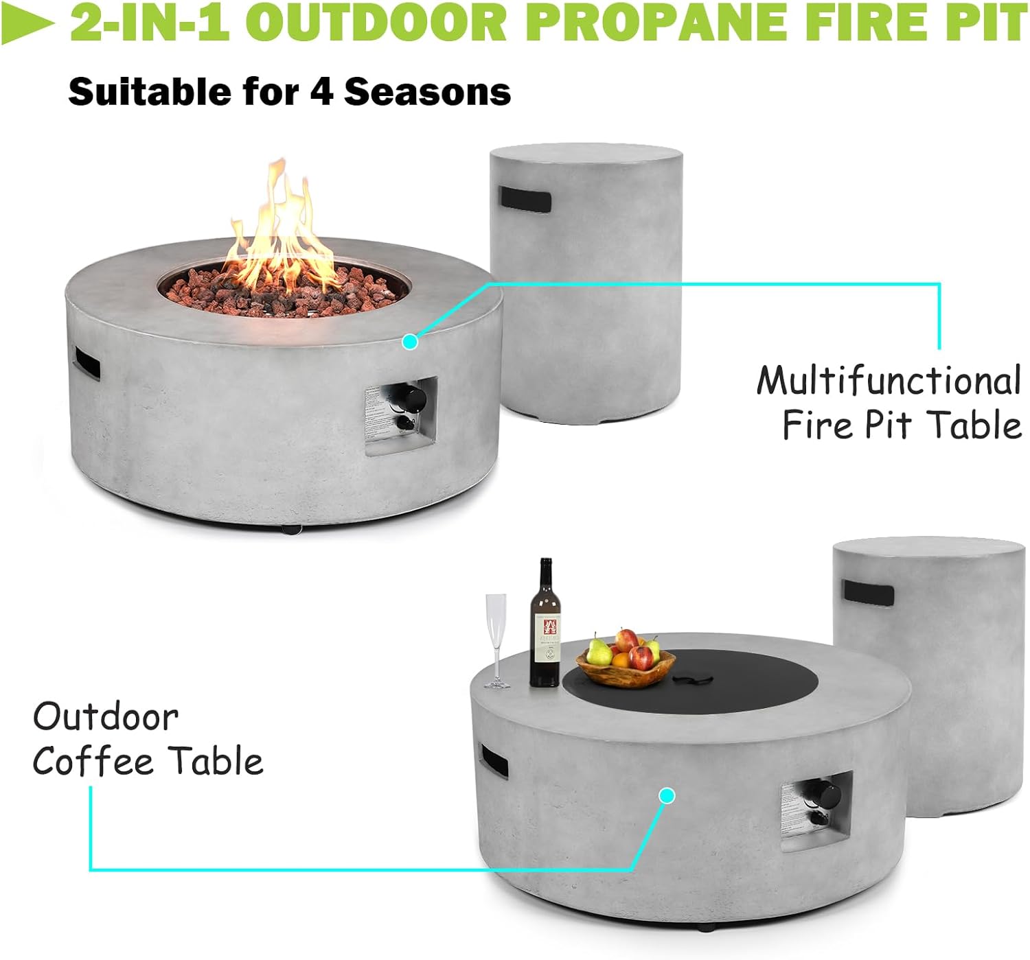 36 Inch Round Propane Fire Pit Table,50,000 BTU Concrete Gas Fire Table with Lid,Tank Cover,Lava Rocks & Rain Cover,CSA Certified Outdoor Firepit for Patio,Backyard Deck,Gray