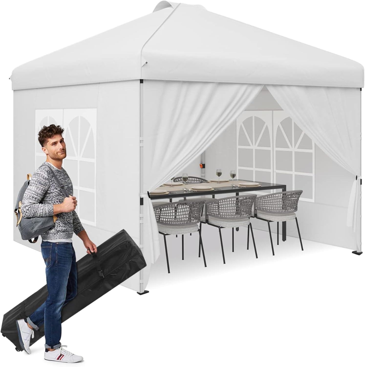 Tinkle Well Patio Canopy 8'x 8'Pop up Instant Gazebo Tent, Outdoor Portable Shelter w/Sidewalls and Windows Sun Protection, 8 Stakes, 4 Ropes, 4 Double-Barrel and a Roller Bag(White,8x8ft)