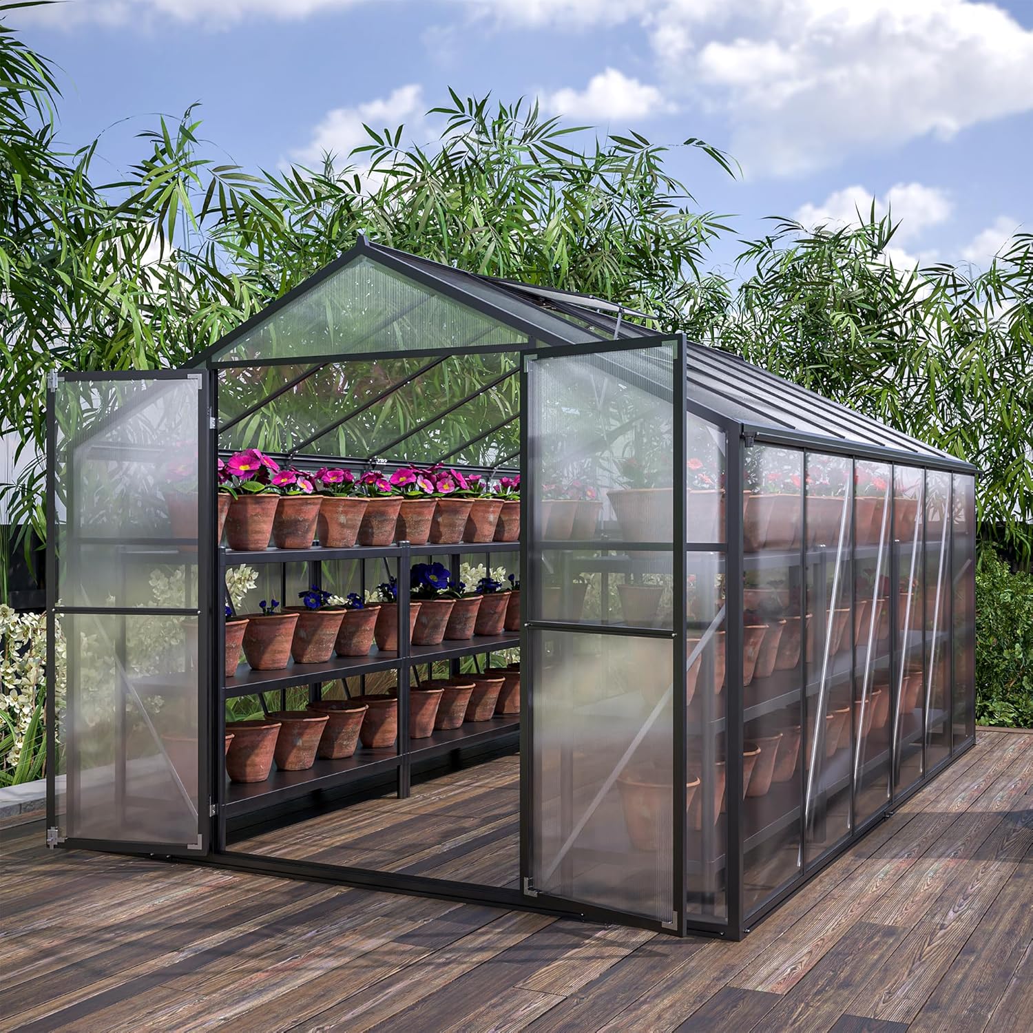 8x12 FT Outdoor Greenhouse, Heavy Duty Polycarbonate Greenhouse, Large Walk-in Aluminum Green House with Double Doors and Two Ventilation Windows, Design for Backyard or Garden Use, Black