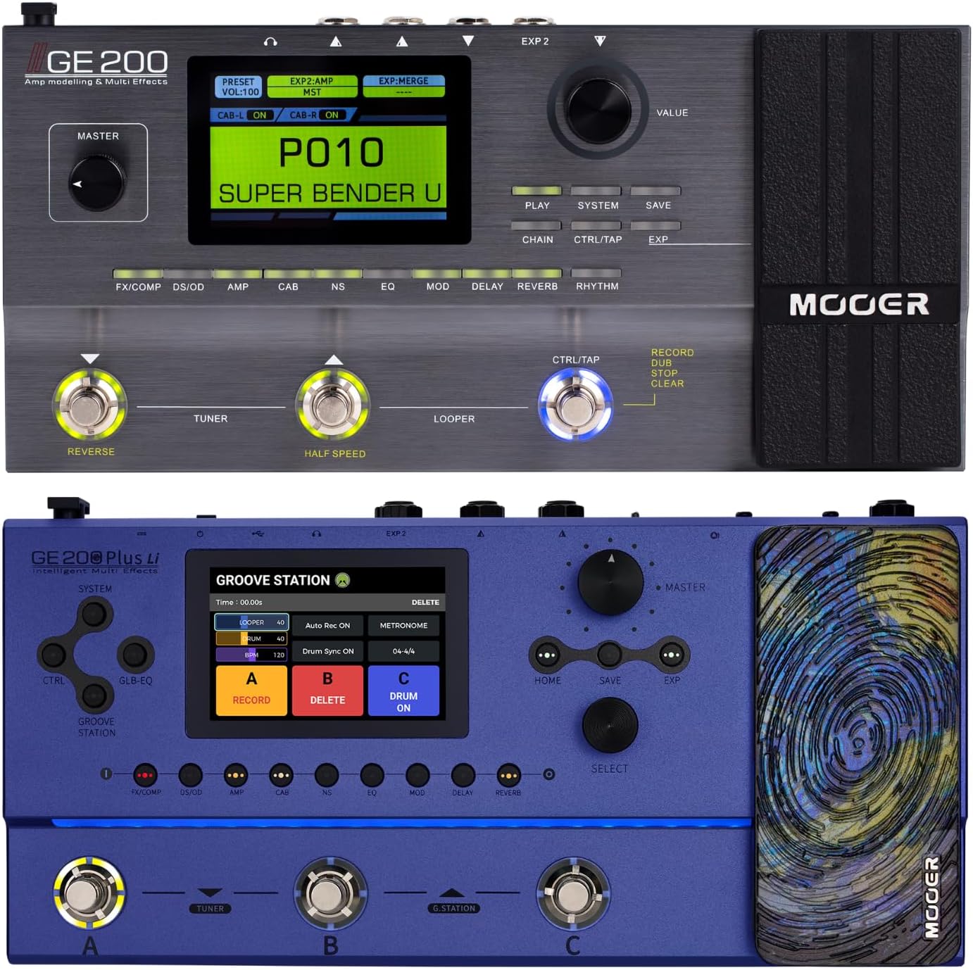 MOOER Iconic Guitar Multi Effects Pedal and New GE200 Plus Li Amp Modelling Multi Effects