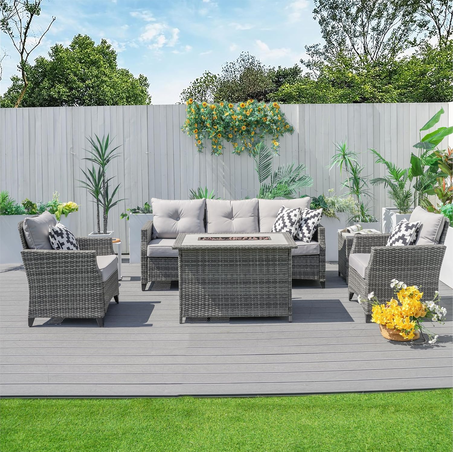 Outdoor Gas Fire Pit Table, Gray Wicker, Aluminum Frame