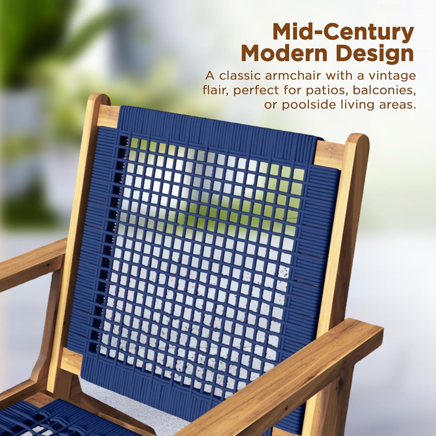 Balkene Home 62773 Vega Natural Stain Outdoor Chair Acacia Wood Construction Hand Woven Seat Mid Century Design Comfortable Reclining Armchair Patio Lawn Garden Backyard Deck - Ecru Cording