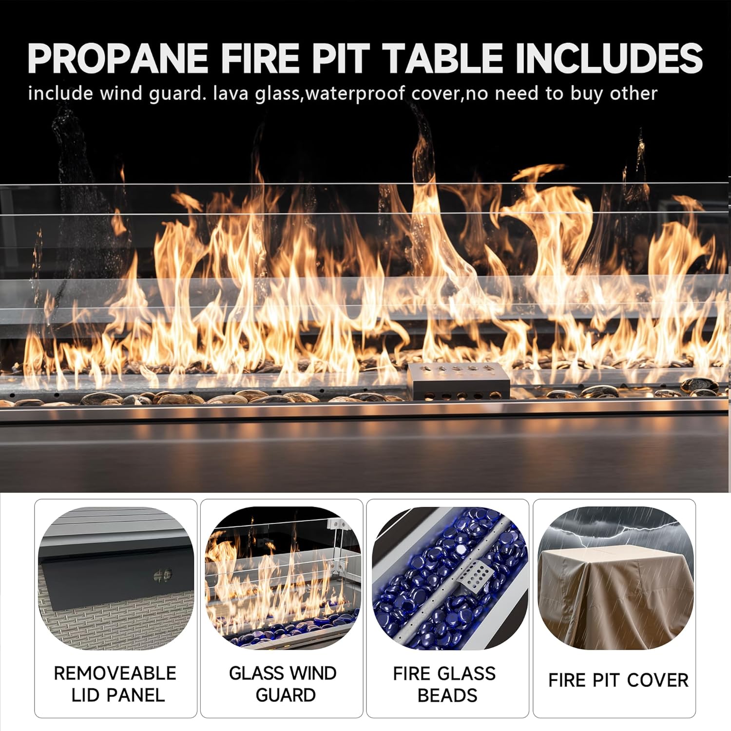 Rattan Fire Pit Table,40.5-inch Rectangle Grey Outdoor Companion,60000 BTU Auto-Ignition w Glass Wind Guard,Internal 20lb Propane Tank, Dust Cover (Grey, Rattan)