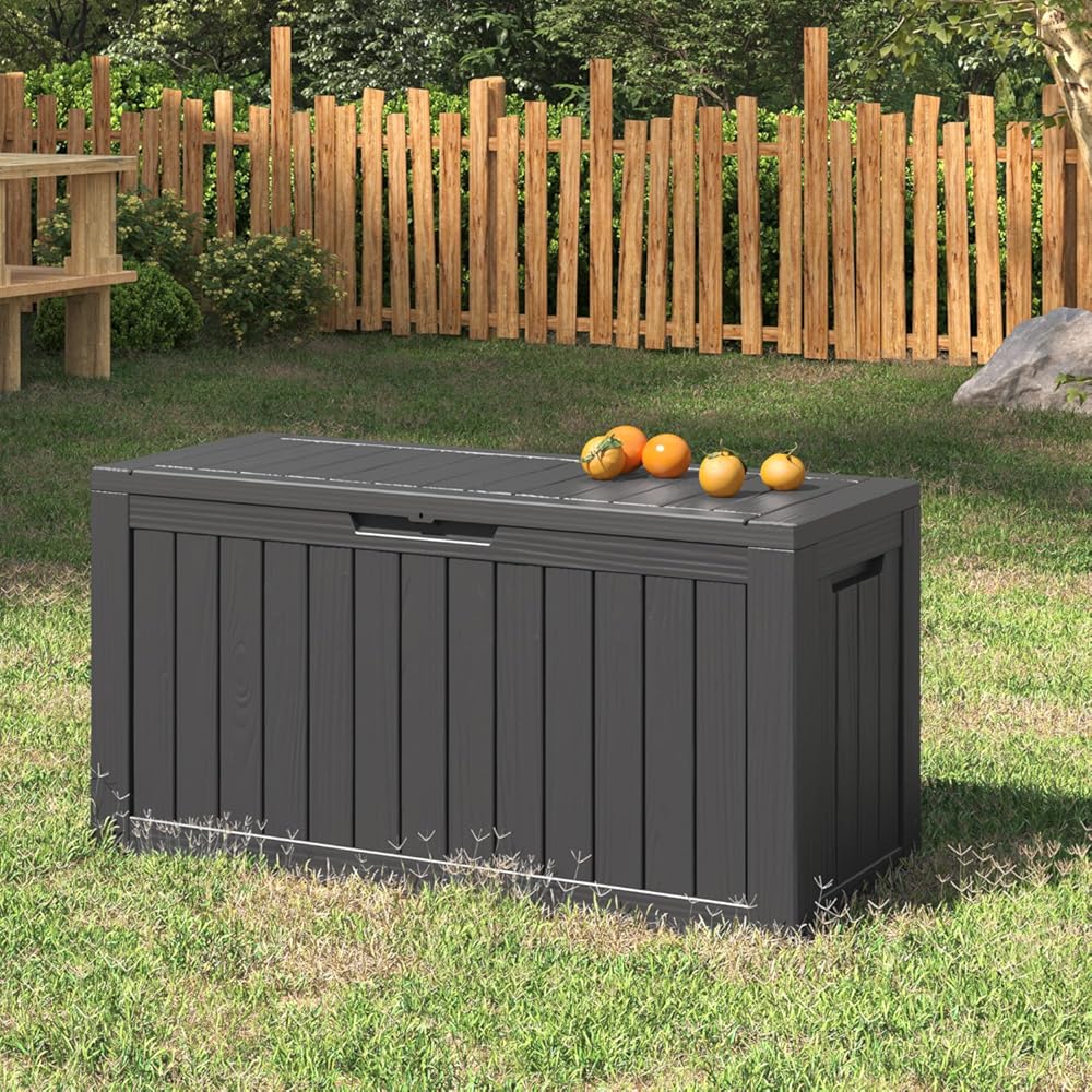 NUNU LAB Outdoor Storage Box, 80 Gallon Large Resin Sturdy Deck Box, Backyard Outside Storage Box Waterproof, Package Delivery Garden Hose Storage Bin Tool