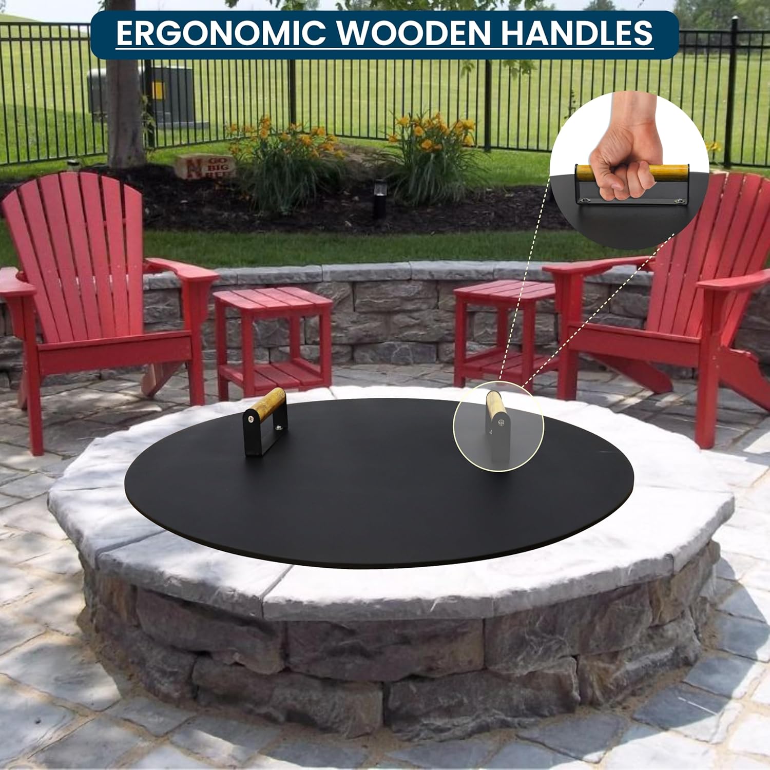 34” Fire Pit Cover Lid Round - Fit for 32” Round Fire Pit Lid for Outdoor Fireplace Cover Lid Steel fire pit metal cover W/ 2 Wooden Handles & Heat Resistant Snuffer Lid for Patio Fire Pit Ring