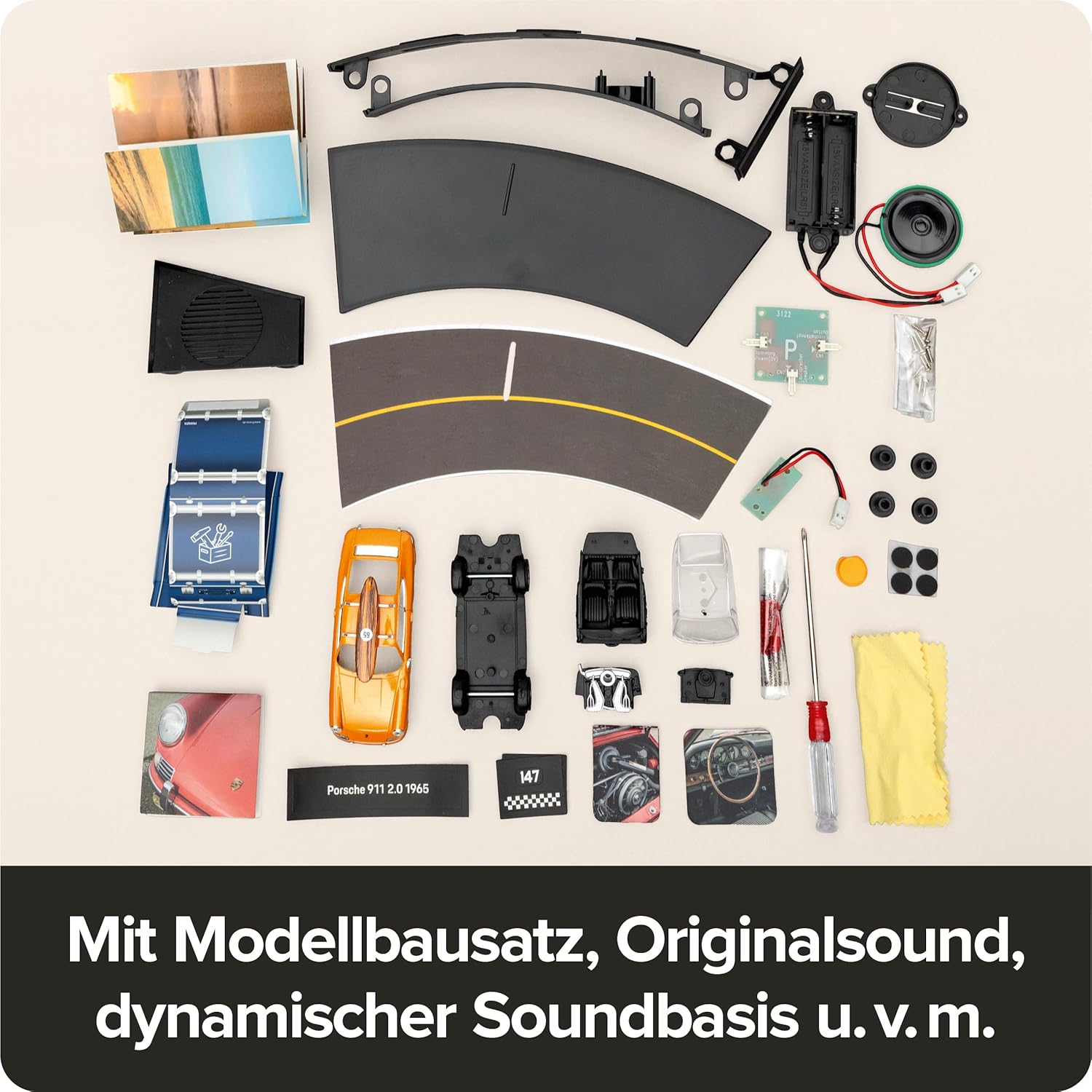 FRANZIS 67299 Porsche 911 Special Edition Surfboard Advent Calendar Model Kit 1:43 Scale Including Sound Module and 52 Page Accompaniment Book