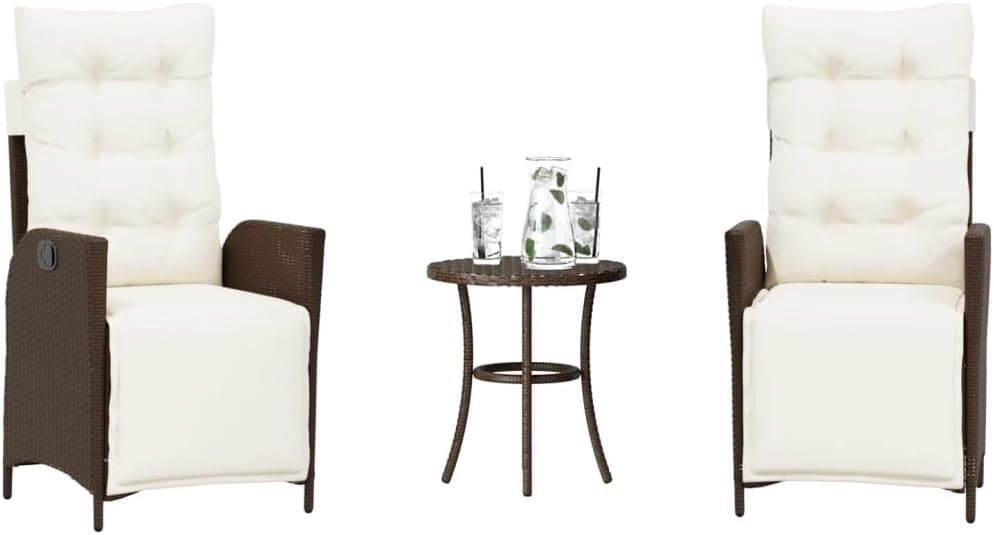 3 Piece Bistro Set with Cushions Brown Poly Rattan,Versatile Patio Bistro Set with Adjustable Backrest and Removable Cushions for Outdoor Comfort Patio Furniture Sets, Outdoor Furniture Sets