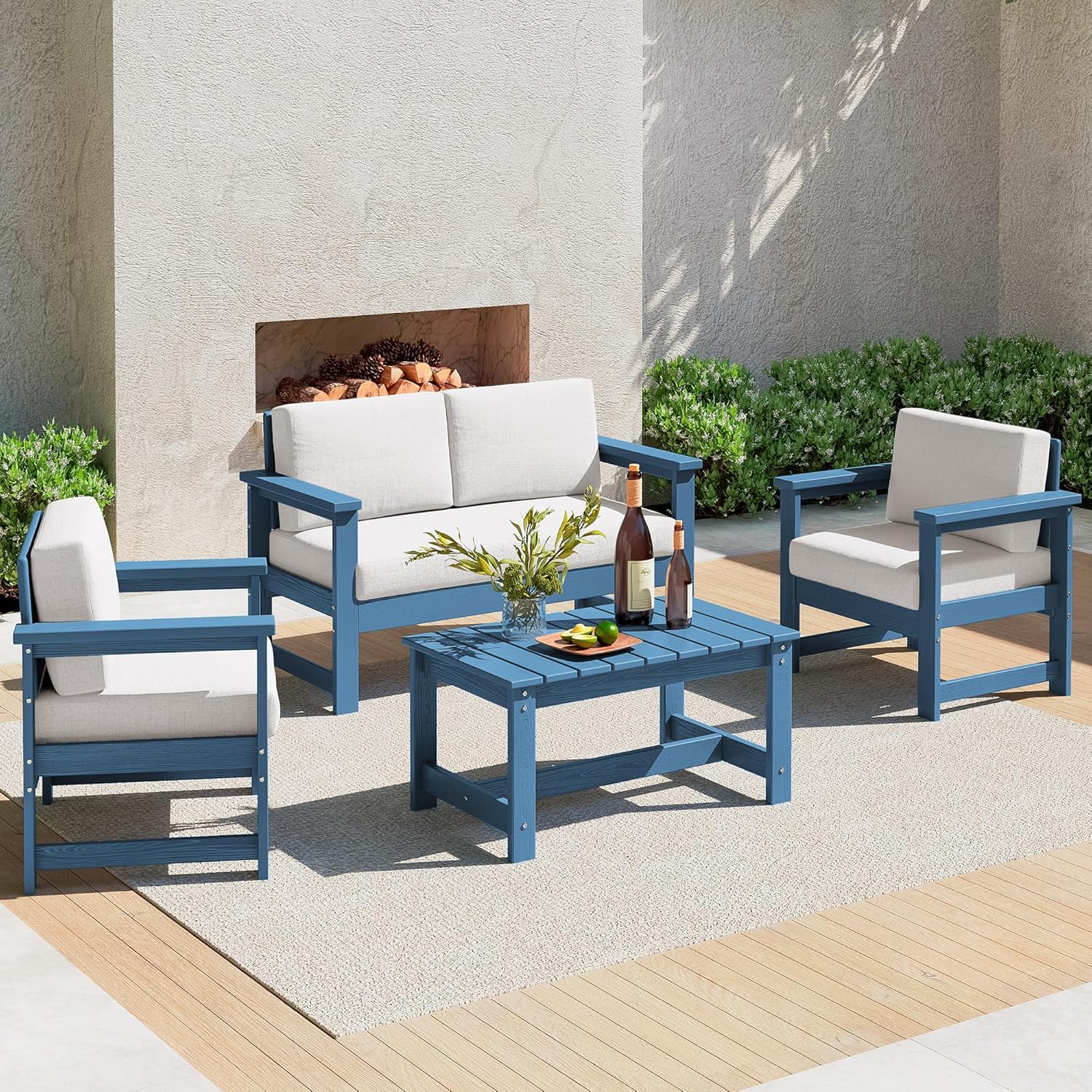 SERWALL 4 Pieces HDPE Outdoor Sofa Set with Cushions, All Weather Use Conversation Couch Set, Outdoor Loveseat Furniture with Coffee Table for Patio, Blue Frame with Khaki Cushions