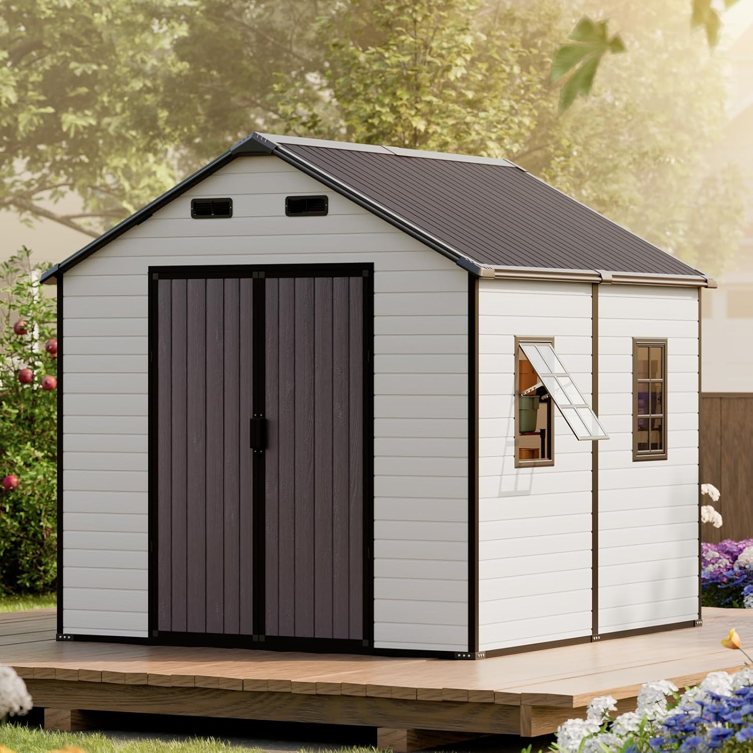8x8 FT Resin Storage Sheds with Floor and Openable Windows, Large Waterproof Plastic Garden Sheds with Base for Outdoor Backyard Patio Lawn Big Tools Storage, Gray