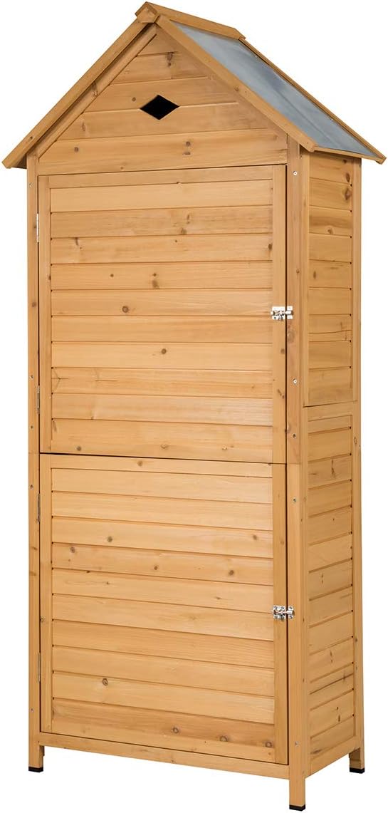 Goplus Outdoor Storage Shed, Lockable Fir Wood Garden Tool Storage Cabinet with Galvanized Sheet Roof for Garden, Yard, Natural Color