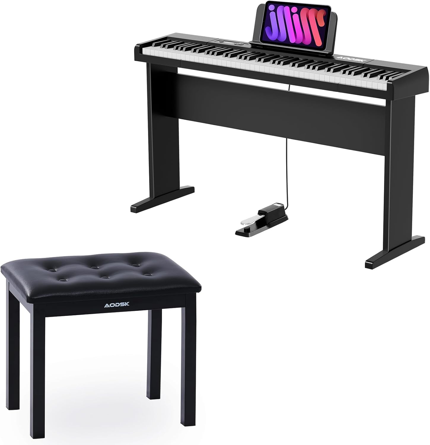 AODSK 88 Key keyboard piano, Portable Digital Piano with Wooden stand Set+Piano Bench with Padded Cushion,Keyboard Bench
