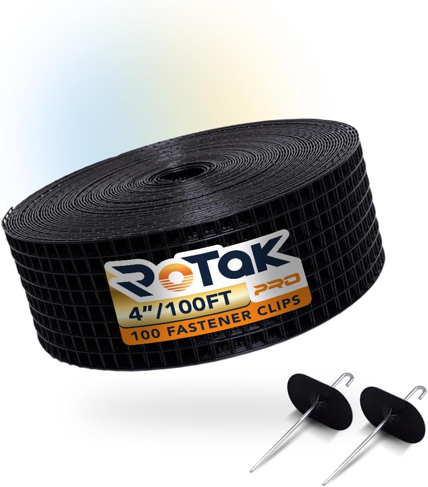 Rotak Critter Guard PRO - 4in x 100ft Solar Panel Bird Prevention Roll Kit with 100 Fastener Clips - Heavy Duty Galvanized Black PVC Coated ½ inch Wire Roll Mesh (4