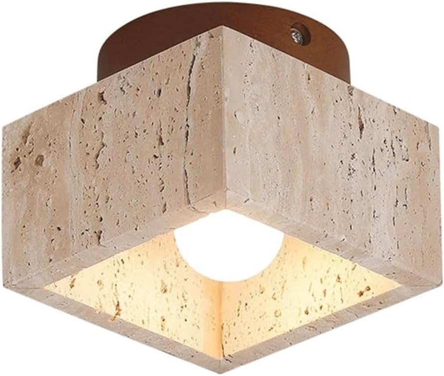 Natural Stone Ceiling Light, Walnut Wood Finish Rustic Flush Mount Ceiling Light, Square Hallway Bedroom Ceiling Lights, E26/E27 Base Mid Century Kitchen Island Semi Flush Mount Ceiling Light