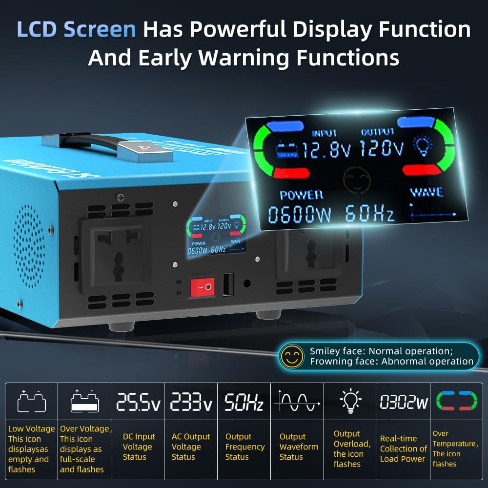 3000W Pure Sine Wave Power Inverte rvoice Control AI Voice Assistant Support English 24V to 120V 60HZ with LCD Display, USB Port, for Car Home Laptop Truck