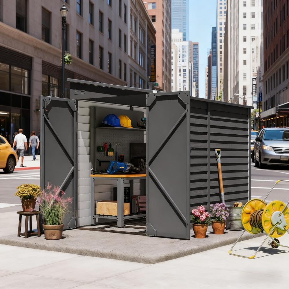 Outdoor Storage Shed Waterproof Metal Garden Tool Bike Sheds Kit with Sloped Roof Lean to Shed Backyard Storage Building Cabinet House,Dark Gray