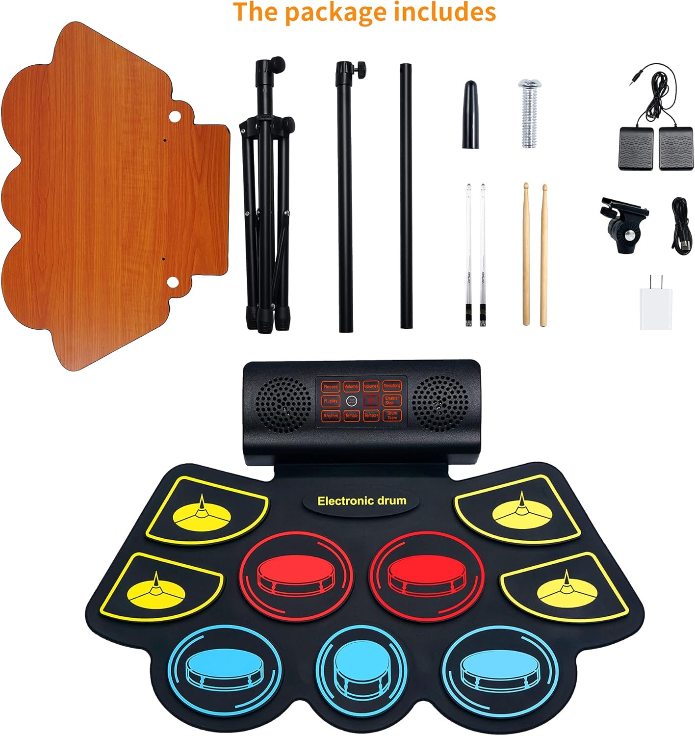 Electric Drum Set for Kids, Electronic Drum Pad with Light Up Drumsticks and Drum Stand, Bulit-in Double Speakers and Rechargeable Battery, Kids Drum Set with LED Drumsticks, 9 Pads Digital Drum Kit