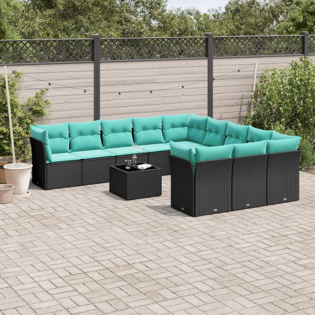 12 Piece Black Poly Rattan Patio Sofa Set with Blue Cushions, Modular Outdoor Furniture, Tempered Glass Tabletop, UV-Proof, for Garden Backyard Terrace